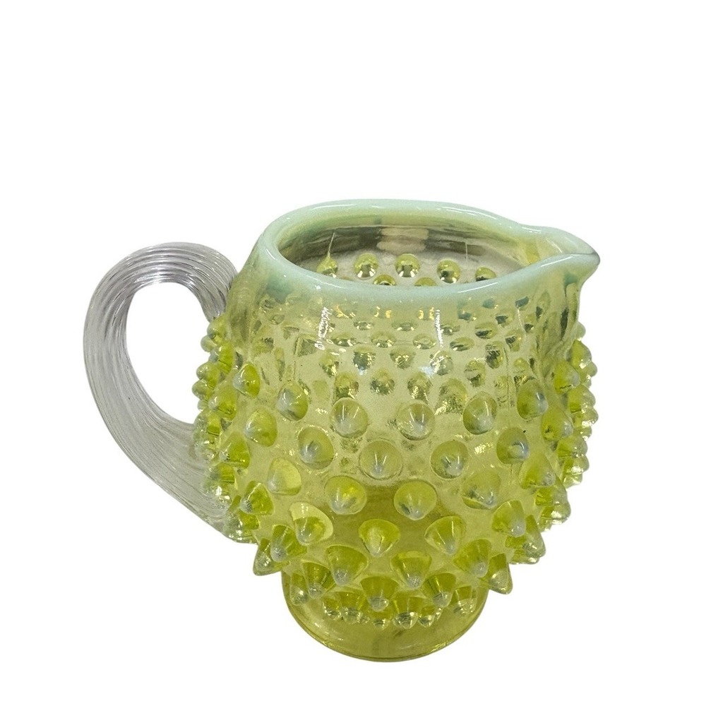 Rare Fenton Yellow Topaz Vaseline Opalescent Hobnail Pitcher Vase Uranium Glow - Picture 6 of 9
